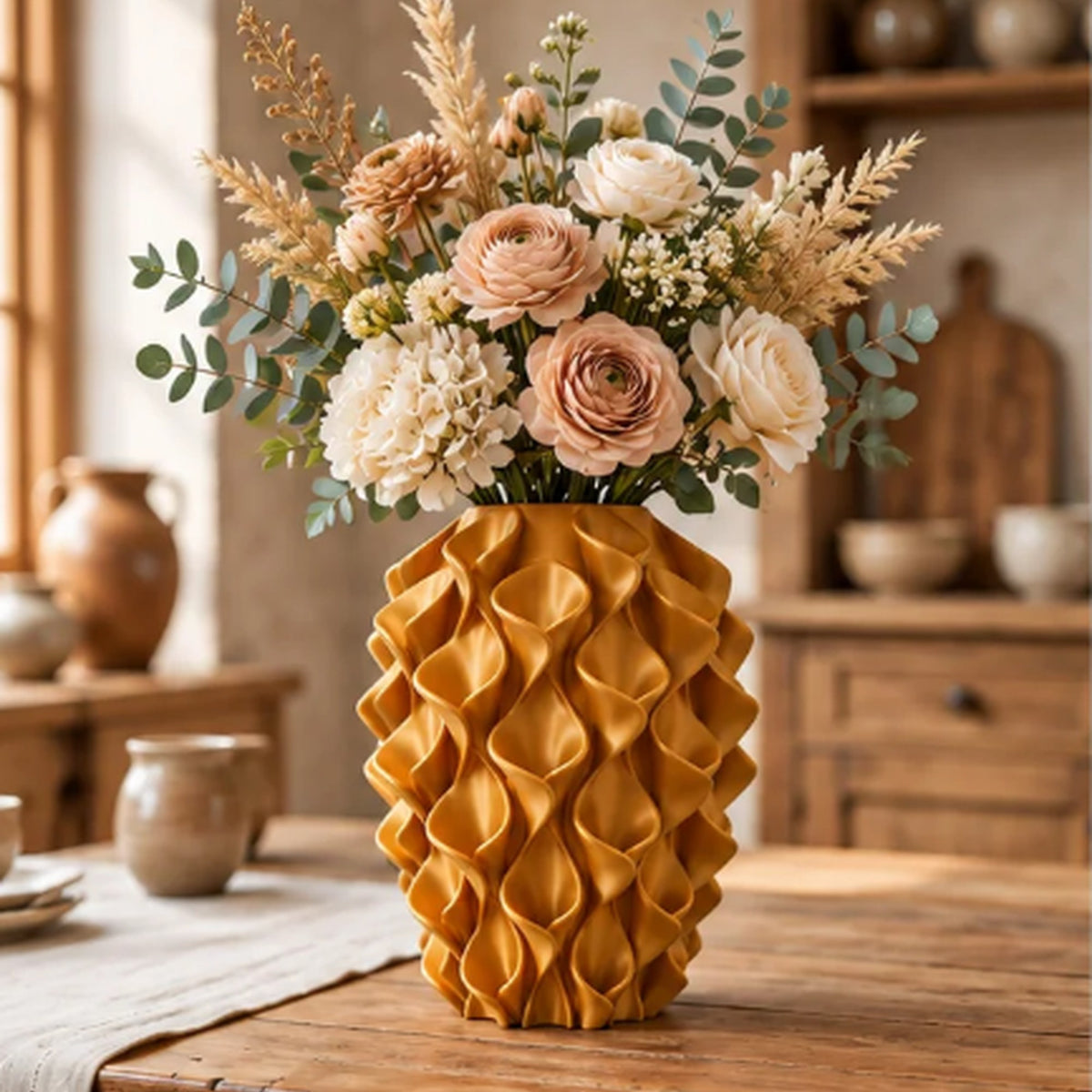 Rivora vaas in Radiant Gold met bloemen in een Japandi interieur