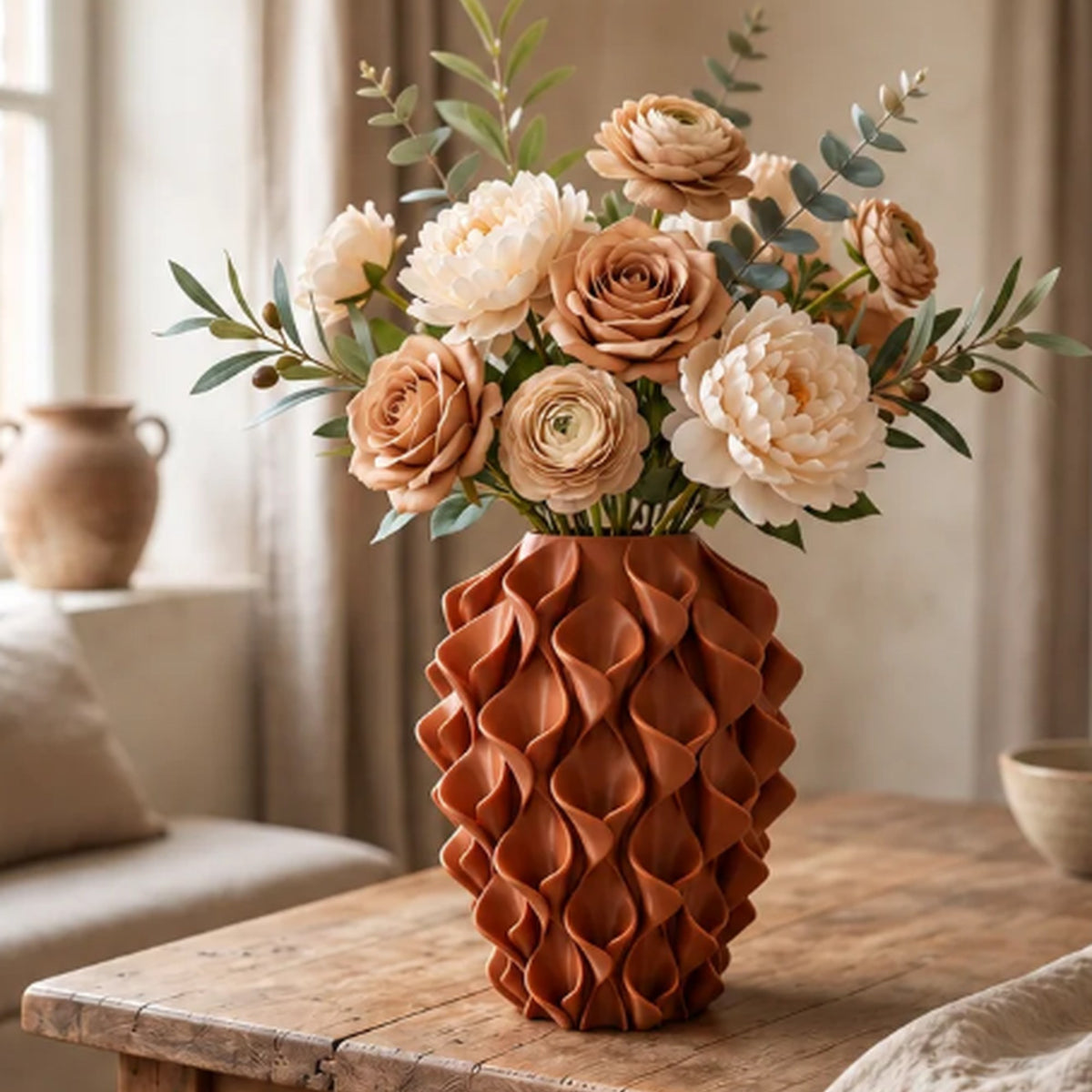 Rivora vaas in Terra Ember met bloemen in een Japandi interieur