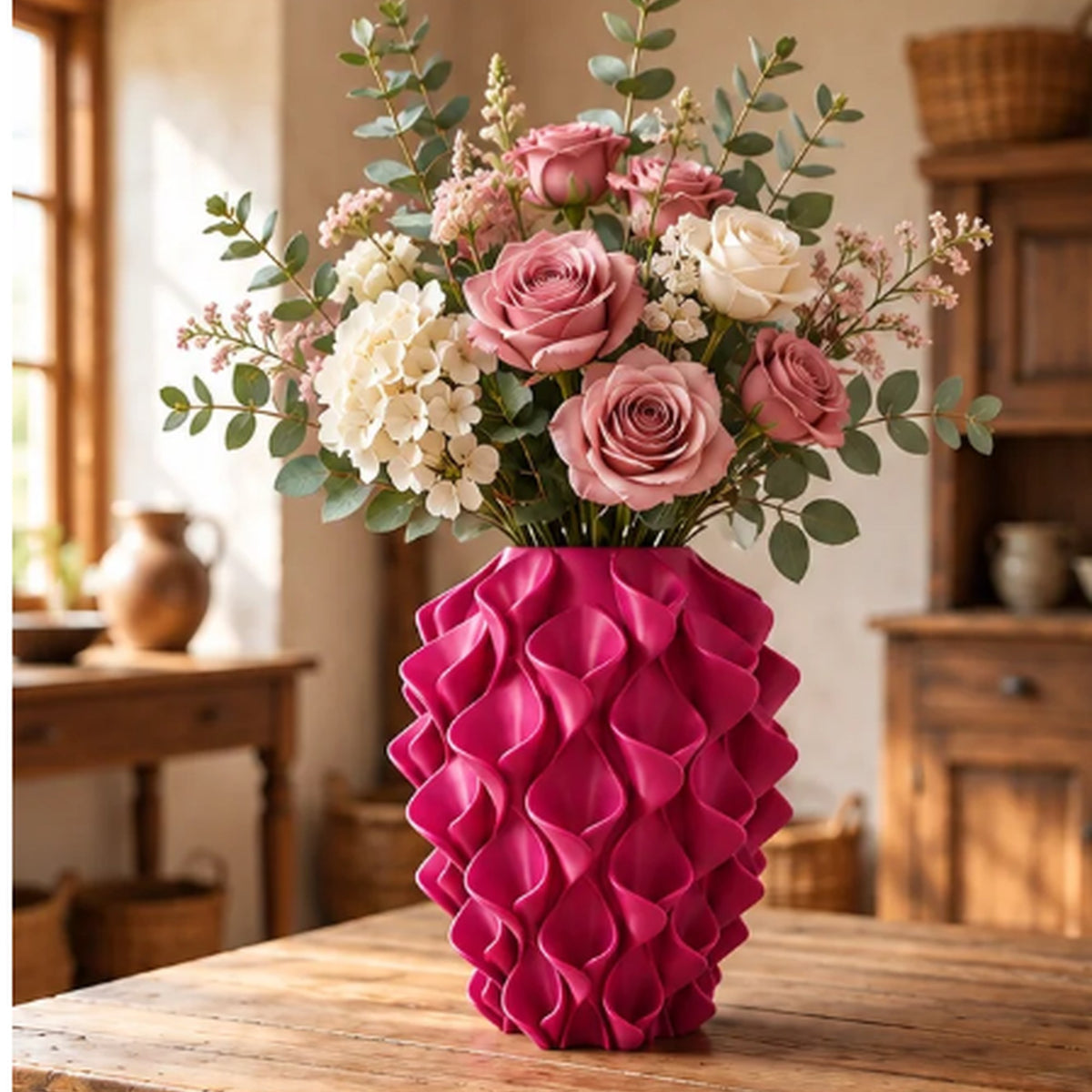 Rivora vaas in Pink Passion met bloemen in een Japandi interieur