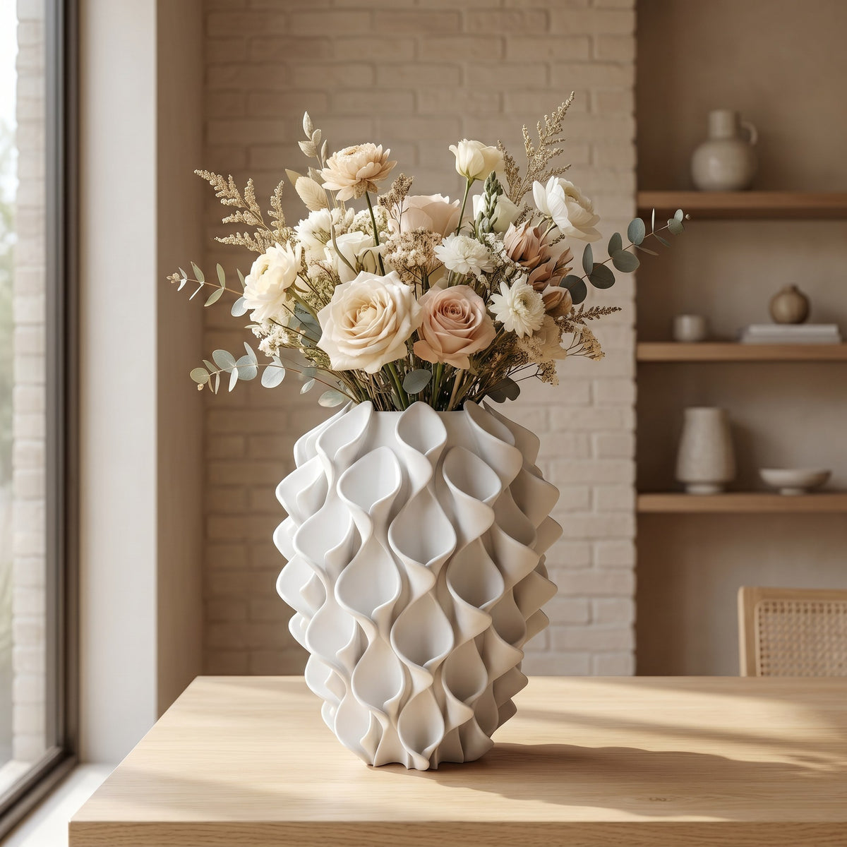 Rivora vaas in Pure Ivory met bloemen in een Japandi interieur