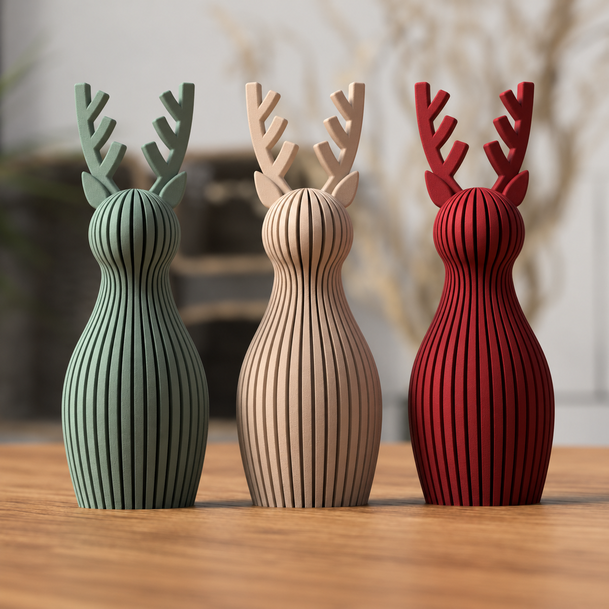 Drie geribbelde kerst rendieren van Crafted3D op een houten tafel – Scandinavische kerstdecoratie