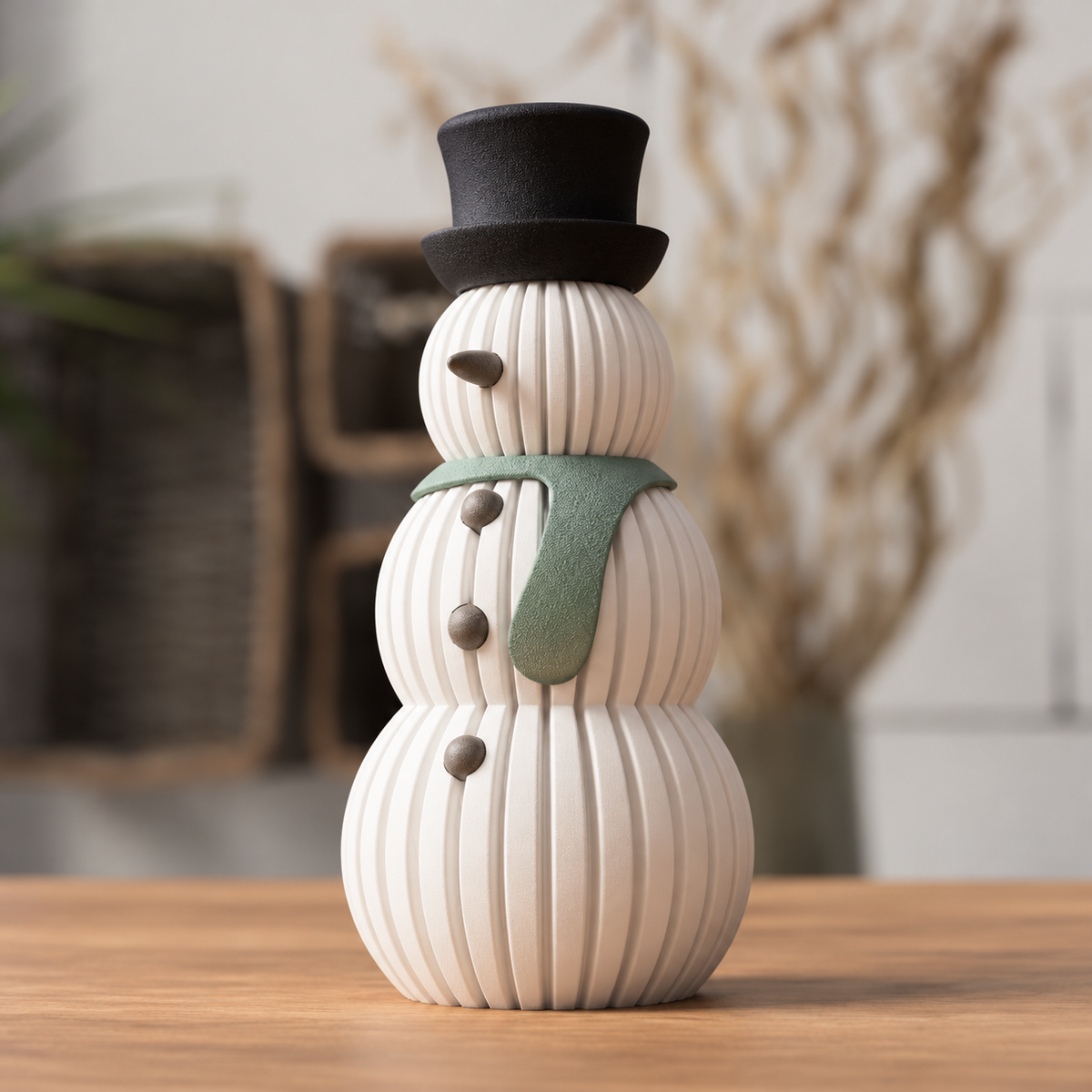 Geribbelde sneeuwpop met hoge hoed en sjaal in Sage Stone – Scandinavische kerstdecoratie op houten tafel