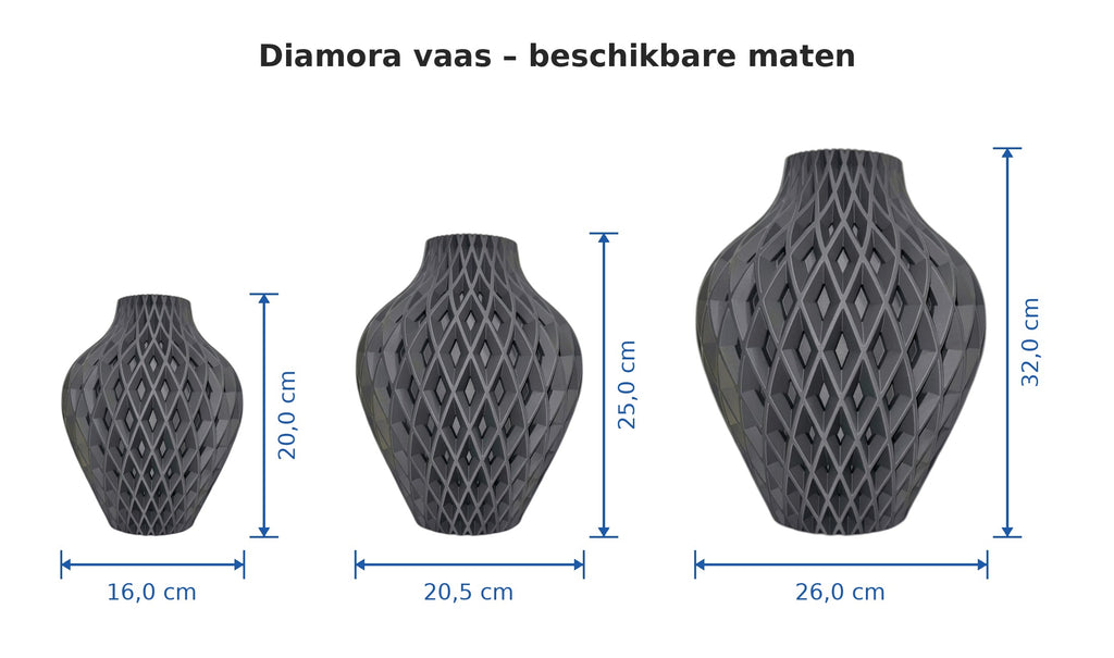 Diamora vaas maten: 20 cm hoog (16 cm breed), 25 cm hoog (20,5 cm breed) en 32 cm hoog (26 cm breed)