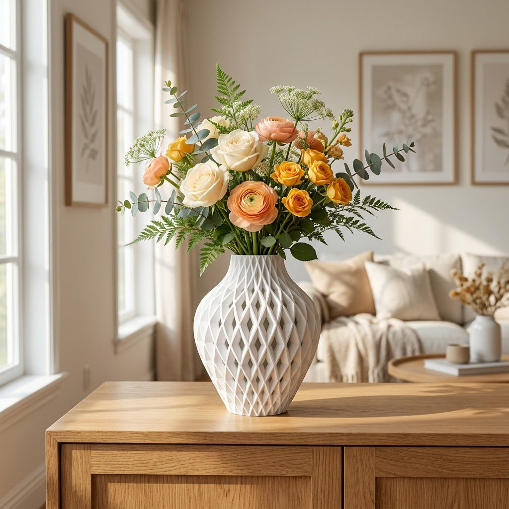 Diamora vaas in Pure Ivory met bloemen in een Japandi interieur