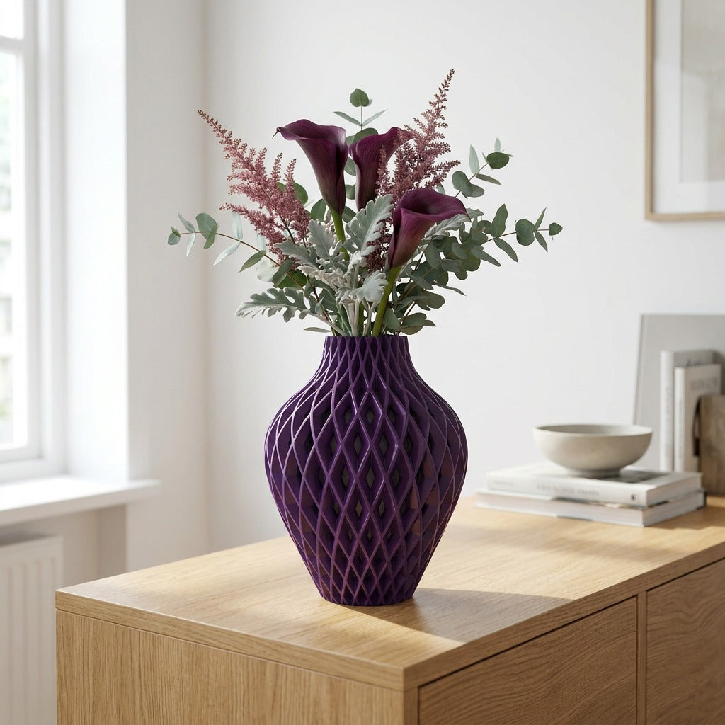Diamora vaas in Royal Aubergine met bloemen in een Japandi interieur